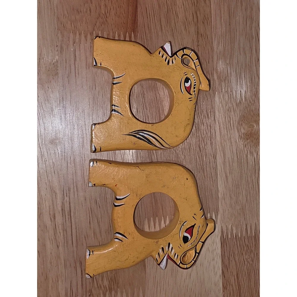 Vintage folk art set of six hand painted and carved animal napkin rings
